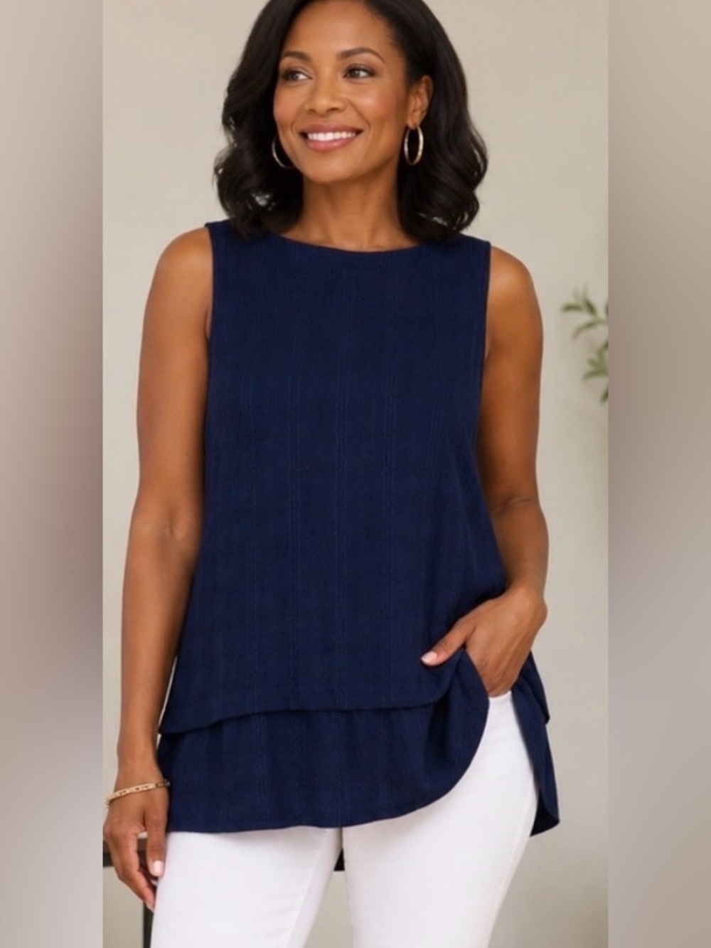 J. Jill Sleeveless Tunic Top Large Navy 100% Cotton Textured